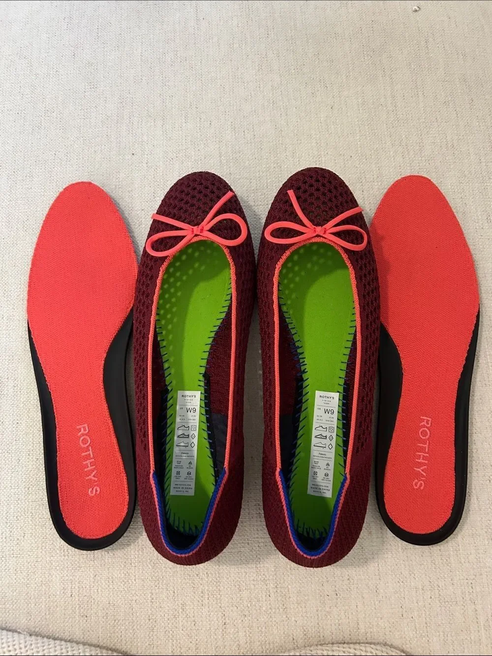 Rothy's Women's The Ballet Flat With Bows in Berry Mesh, Size 9, NWOT